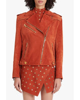 Balmain x Netflix -Terracotta and golden suede biker jacket