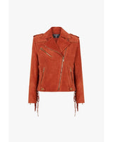 Balmain x Netflix -Terracotta and golden suede biker jacket