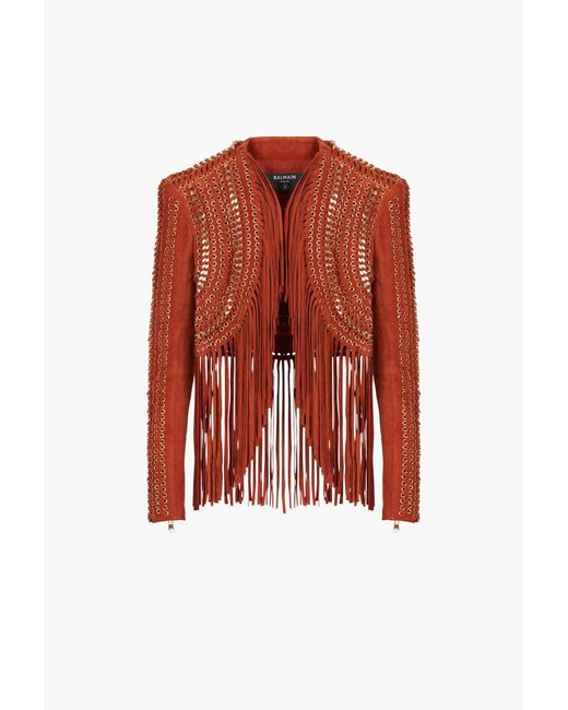 Balmain x Netflix - Terracotta and golden suede cropped spencer jacket with fringe
