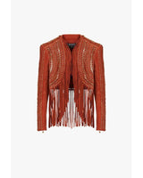 Balmain x Netflix - Terracotta and golden suede cropped spencer jacket with fringe