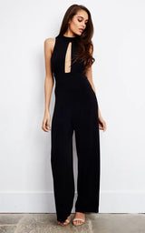 Sleeveless Wide Leg Keyhole Fleabag Jumpsuit With Open Back In Black