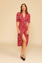 Gabin Midi Wrap Dress in Red Floral