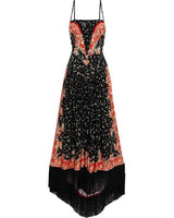 Asymmetric fringe-trimmed printed satin-jersey maxi dress