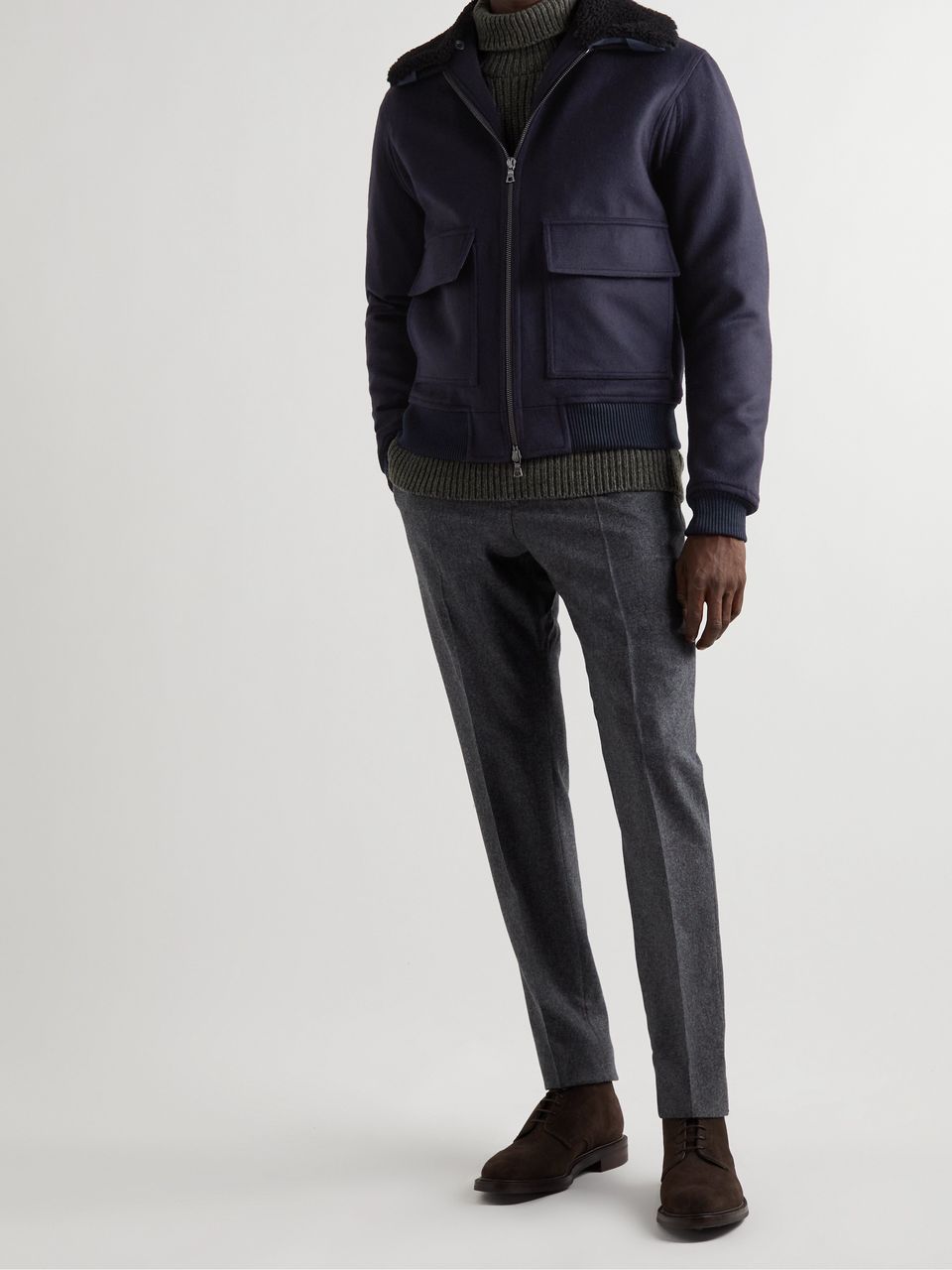 Faux Shearling-Trimmed Lambswool and Cashmere-Blend Bomber Jacket in Navy / Black